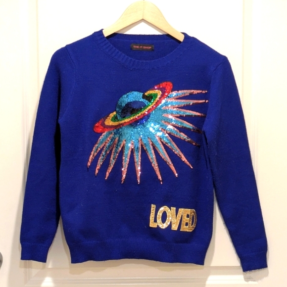 EUC The It Shop M Rainbow Planet "Loved" Sequin Sweater - SEE SIZE NOTES - Picture 1 of 5